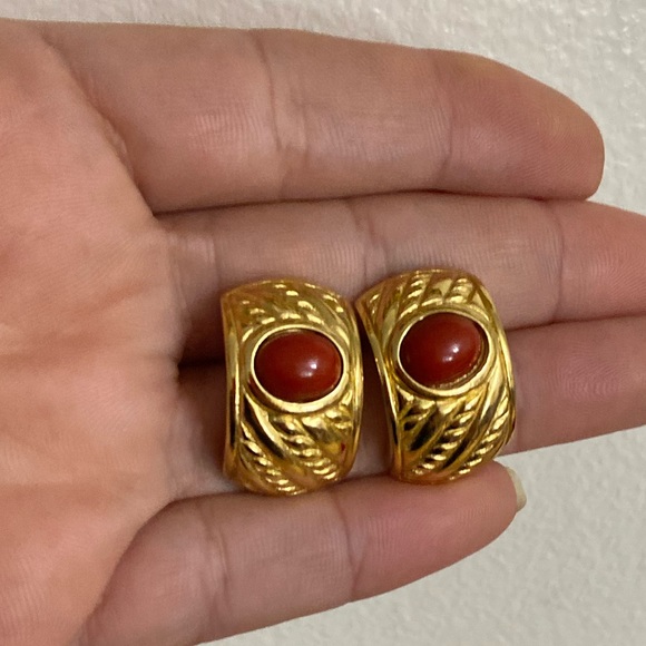 Vintage gold plated orange Cabochon pierced earrings